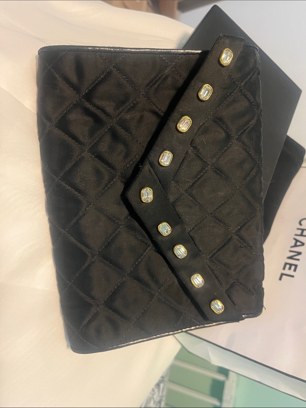 CHANEL Black Quilted Satin Envelope Clutch with Gold-Tone Gem Accents